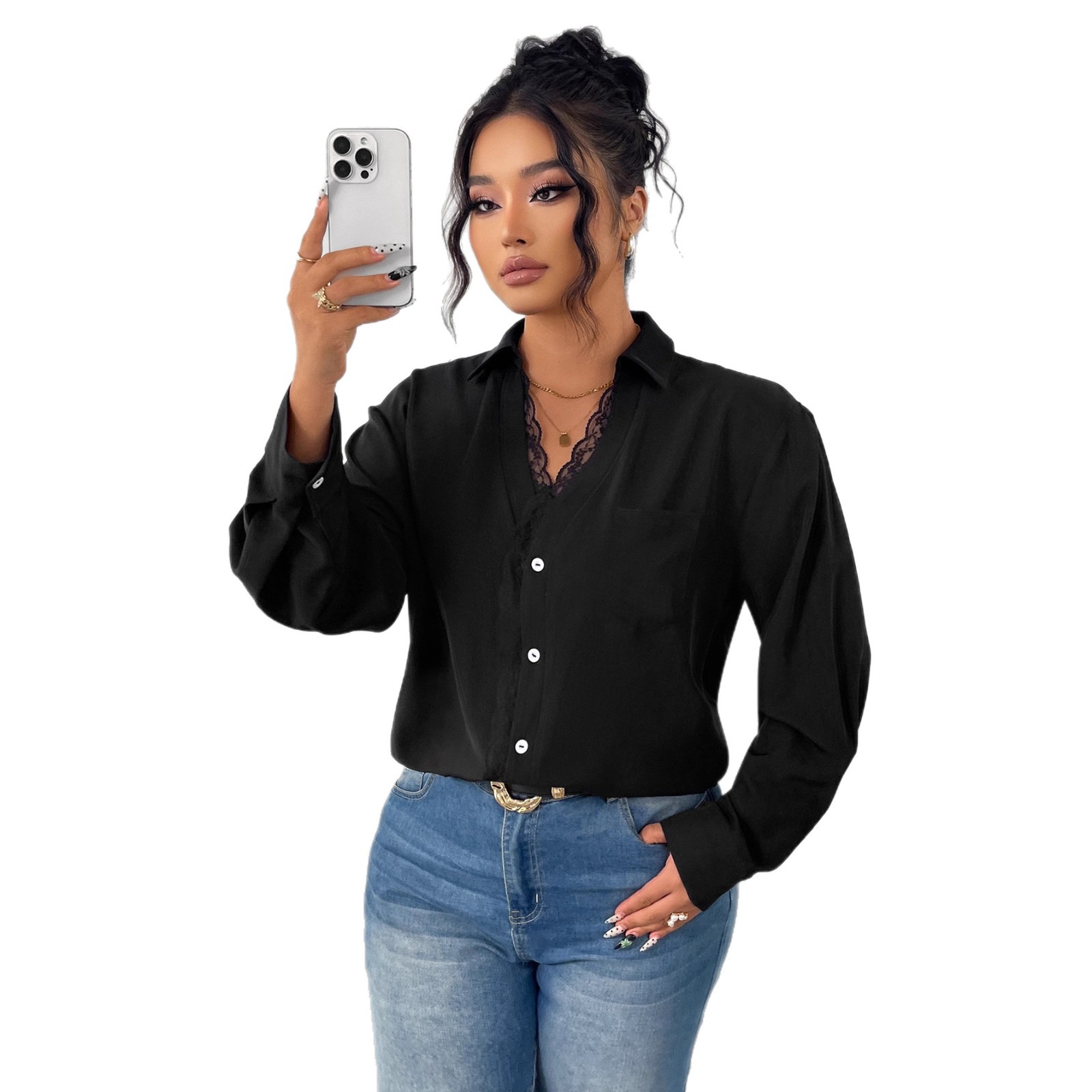 Long Sleeve Chiffon Blouse With Lace Craft