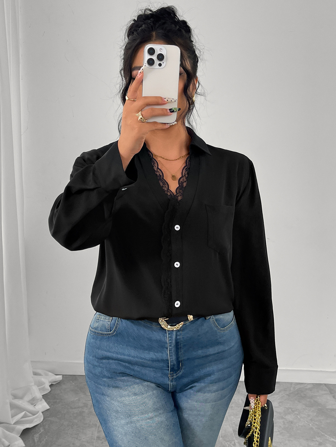 Long Sleeve Chiffon Blouse With Lace Craft