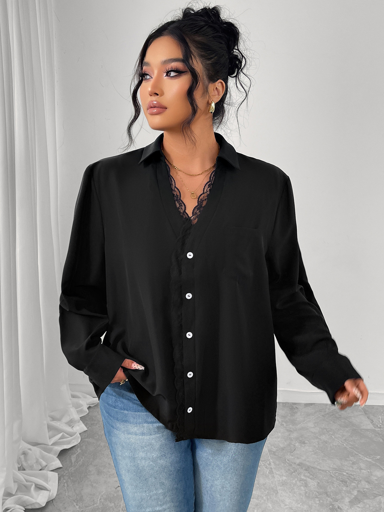 Long Sleeve Chiffon Blouse With Lace Craft