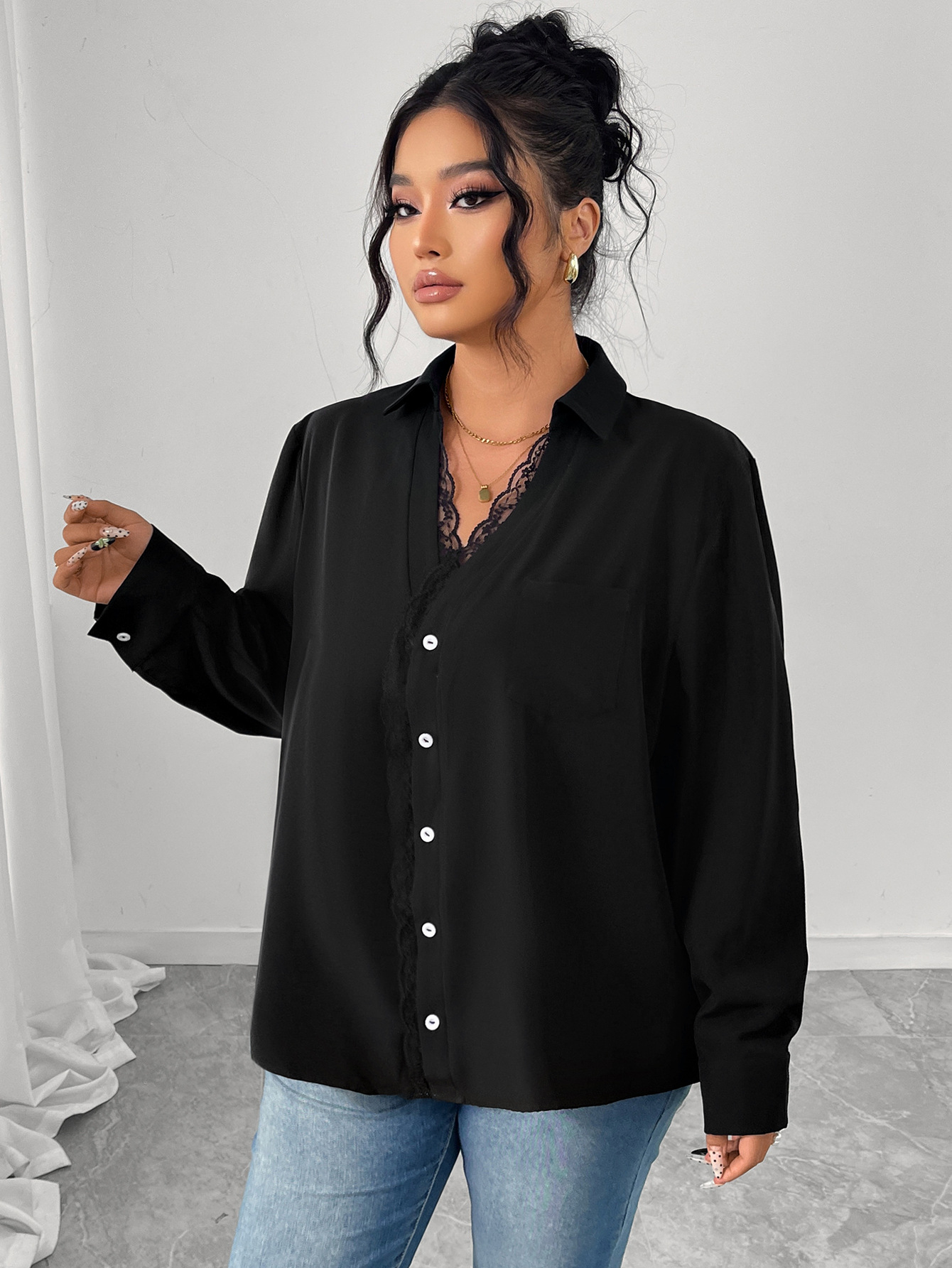 Long Sleeve Chiffon Blouse With Lace Craft