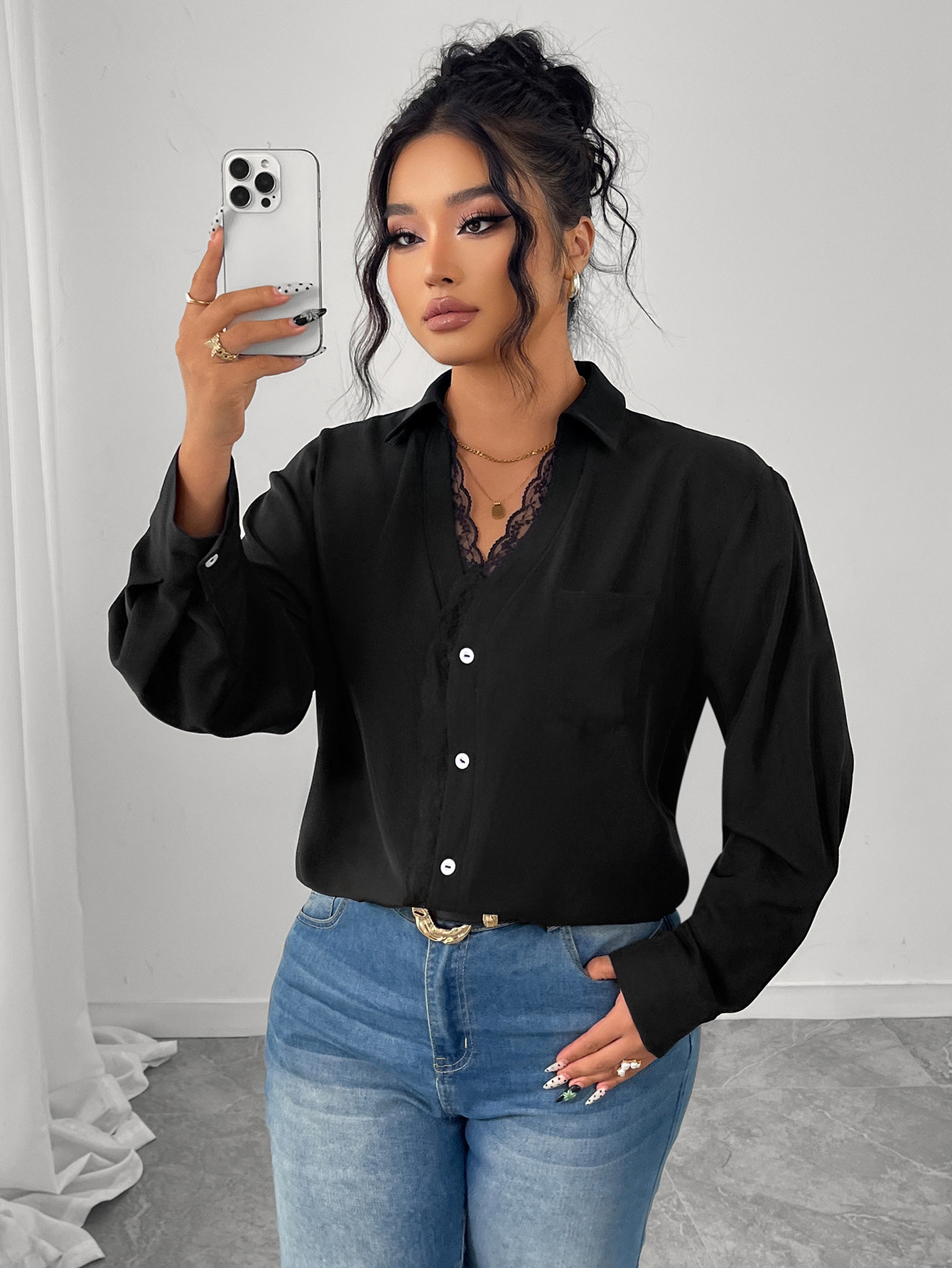 Long Sleeve Chiffon Blouse With Lace Craft