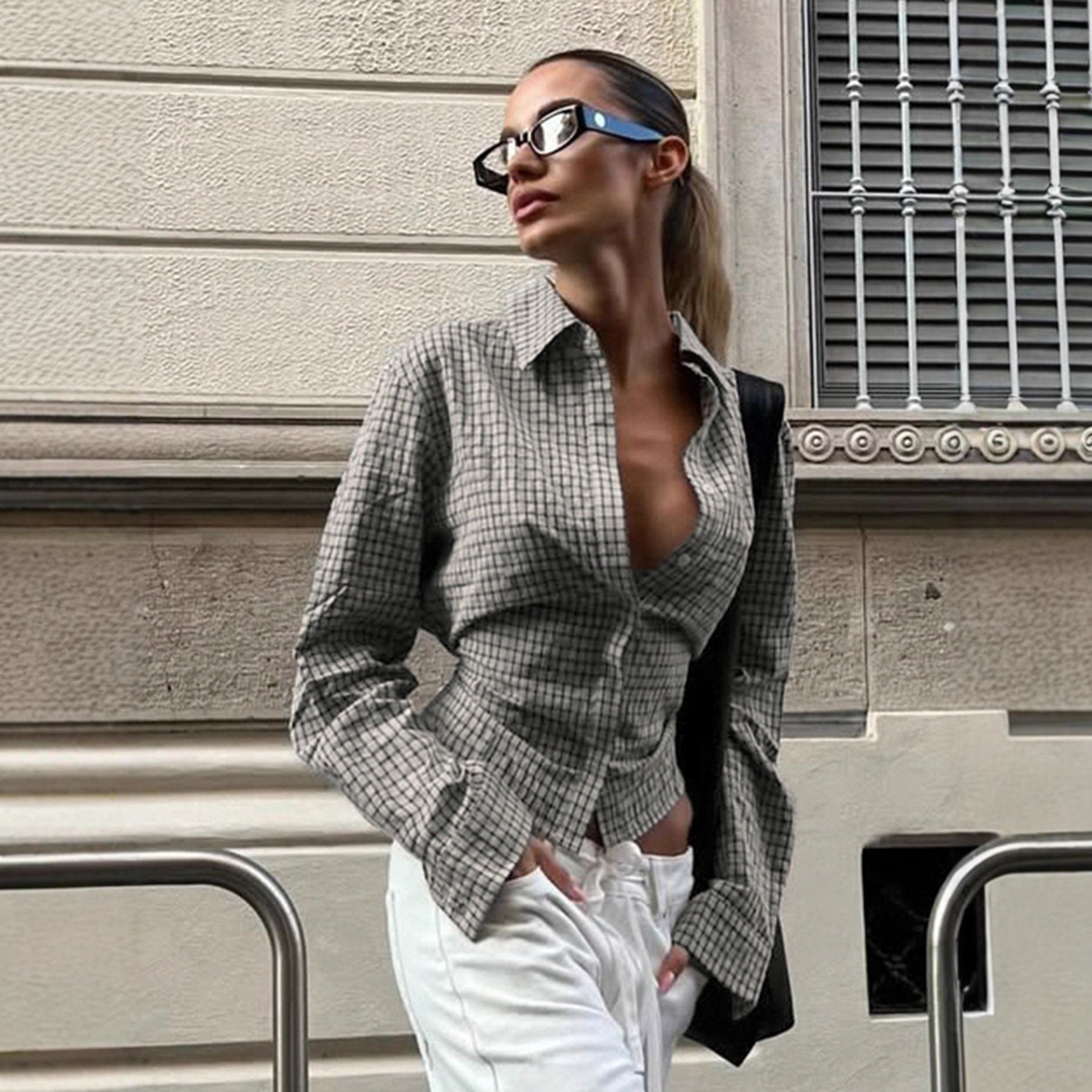 Vintage Style Plaid Long Sleeve Polyester Shirt