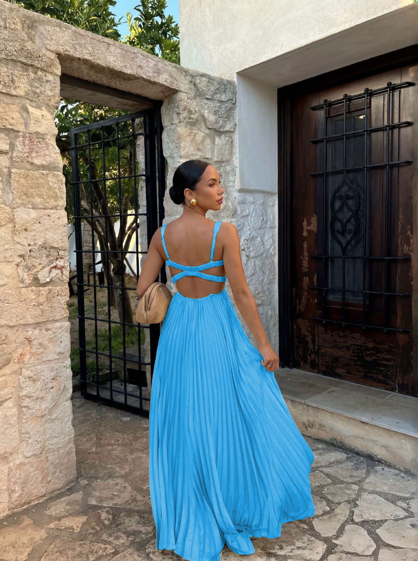 Solid Color Sleeveless V Neck Strap Dress In Polyester For Banquet, Maxi Long Dress