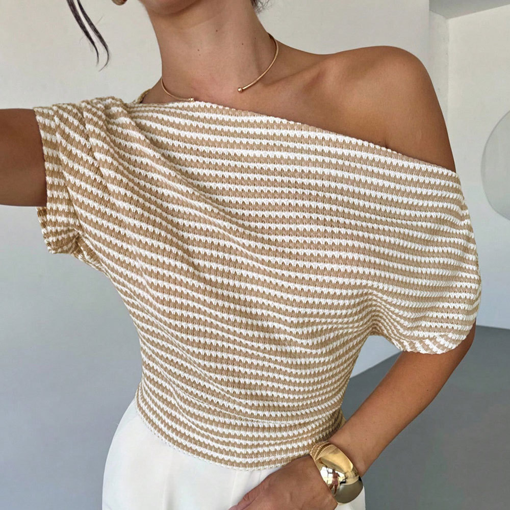 Elegant Stripe Knitwear Short Sleeve T-Shirt For Women In Knitted Polyester Fabric