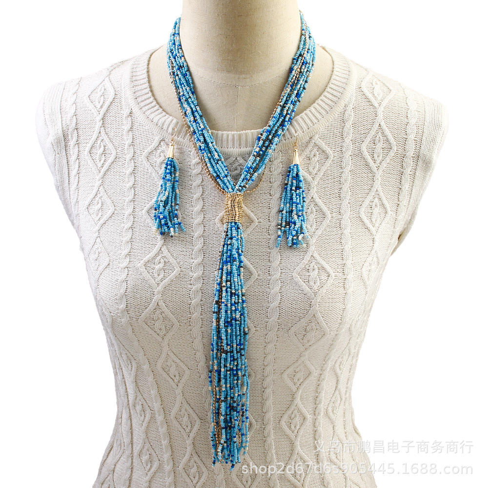 Retro Blue Glass Tassel Sweater Chain Necklace