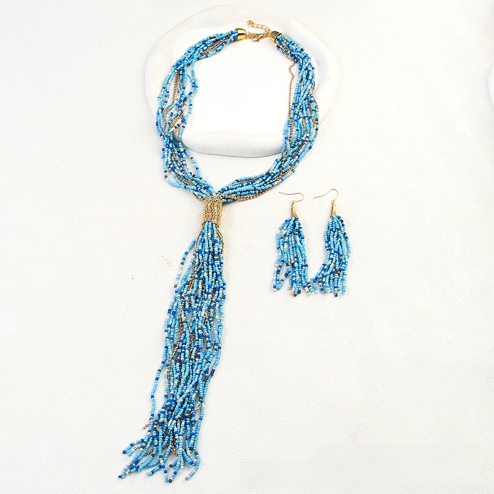 Retro Blue Glass Tassel Sweater Chain Necklace