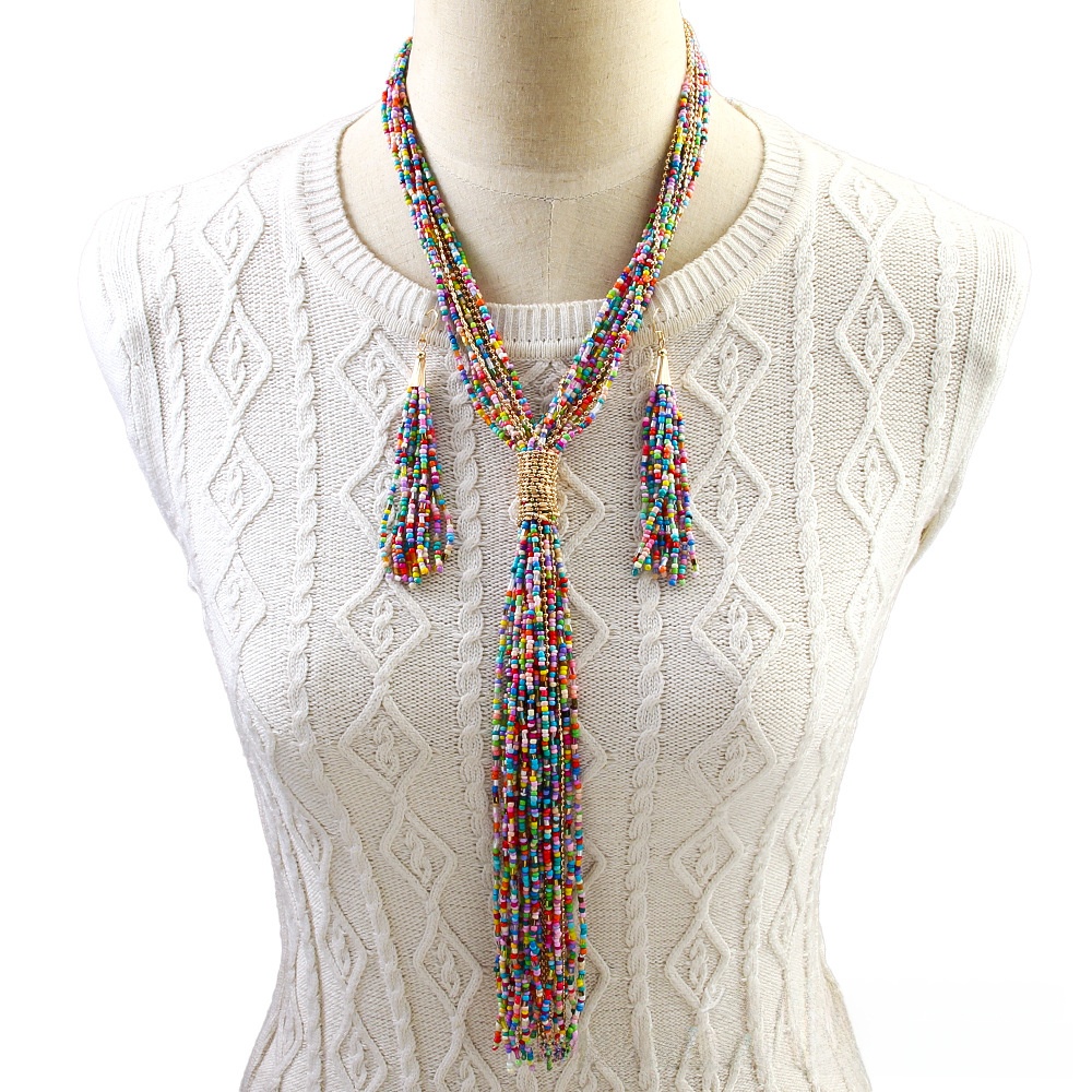 Retro Blue Glass Tassel Sweater Chain Necklace