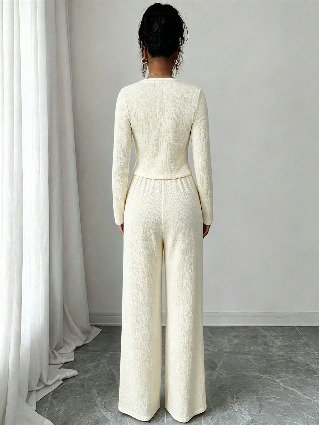 Polyester Pant Co-ord Set With Rib-Knit Craft And Double Breasted Design