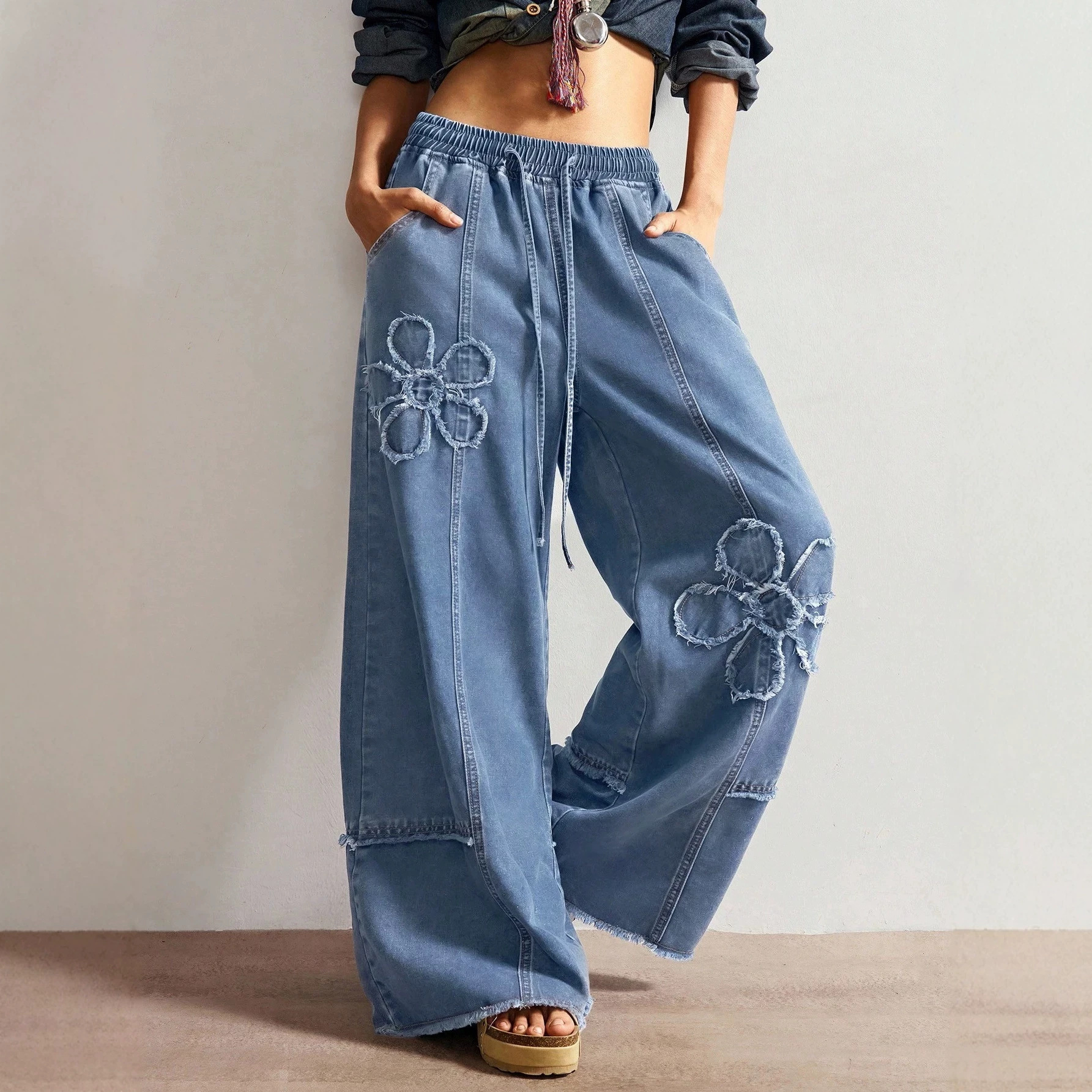 Streetwear Wide Leg Full Length Denim Cotton Pants