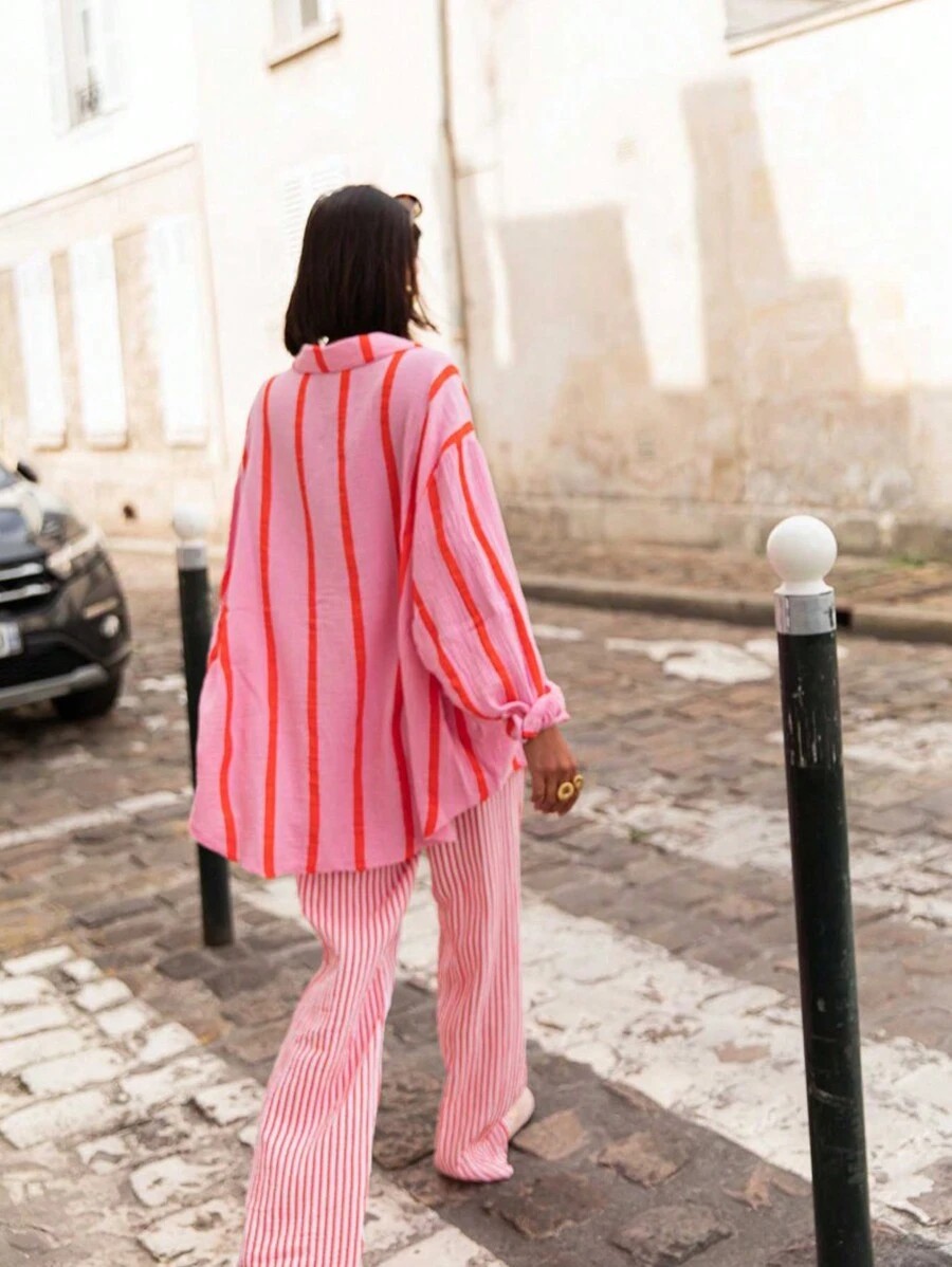 Vintage Style Stripe Long Sleeve Polyester Shirt