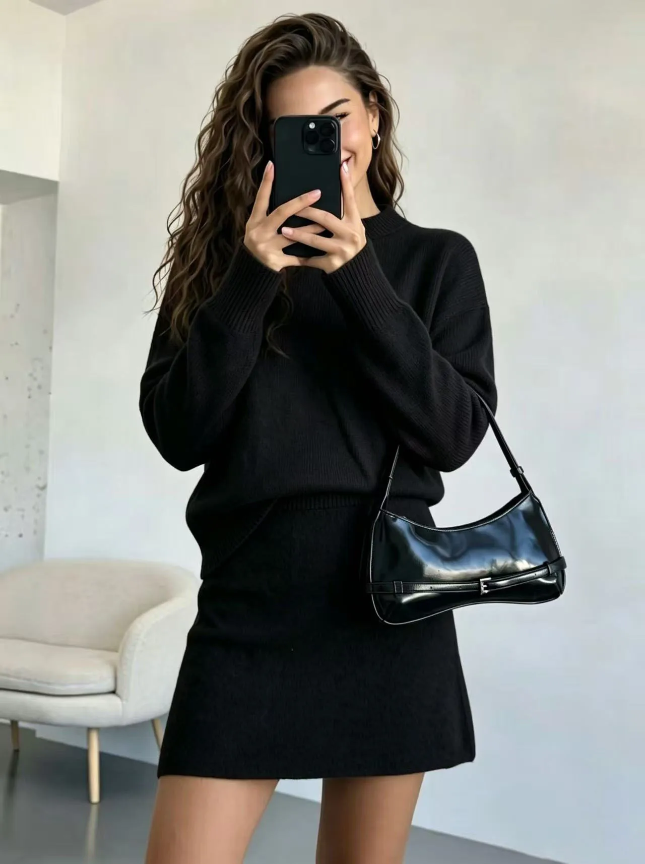 Elegant Solid Color Skirt Co-ord Set in Knitted Acrylic with Long Sleeve, 2 Pieces Set