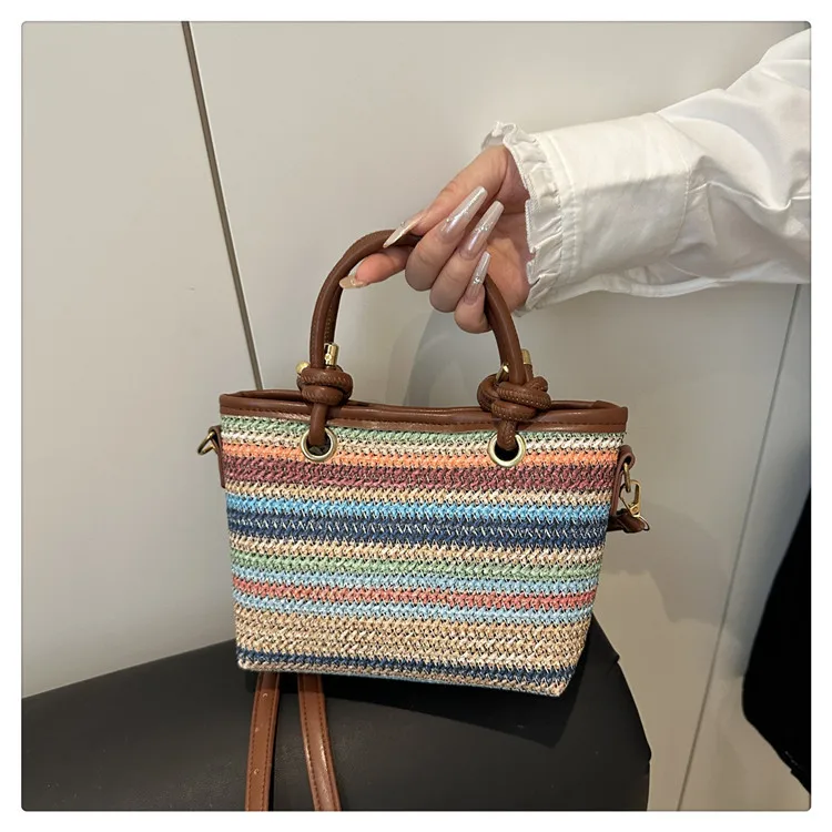 Small Straw Bucket Bag with Zipper and Braid Detail