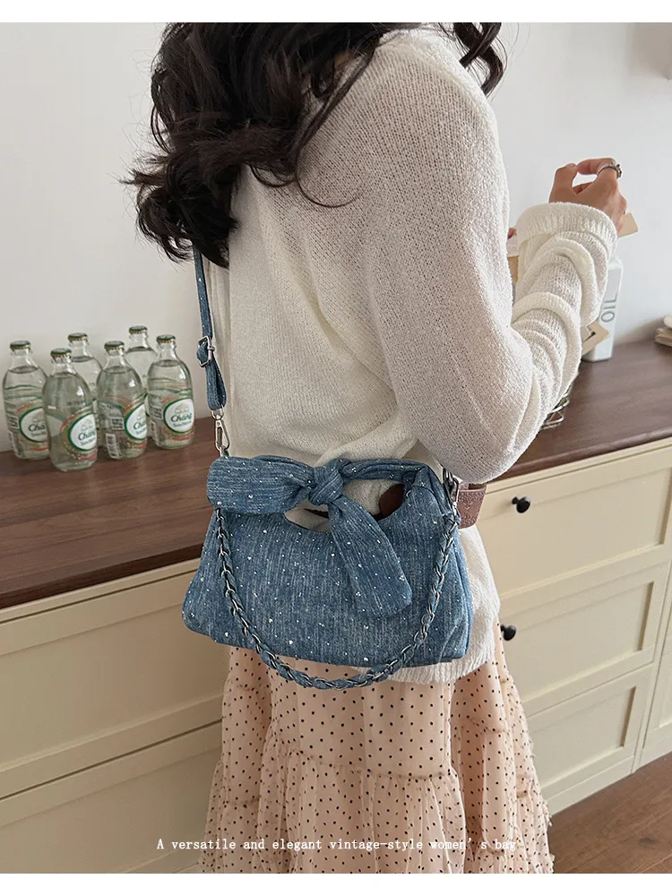 Women’s Denim Square Bow Tie Crossbody Bag with Chain Strap, Stylish and Fashionable