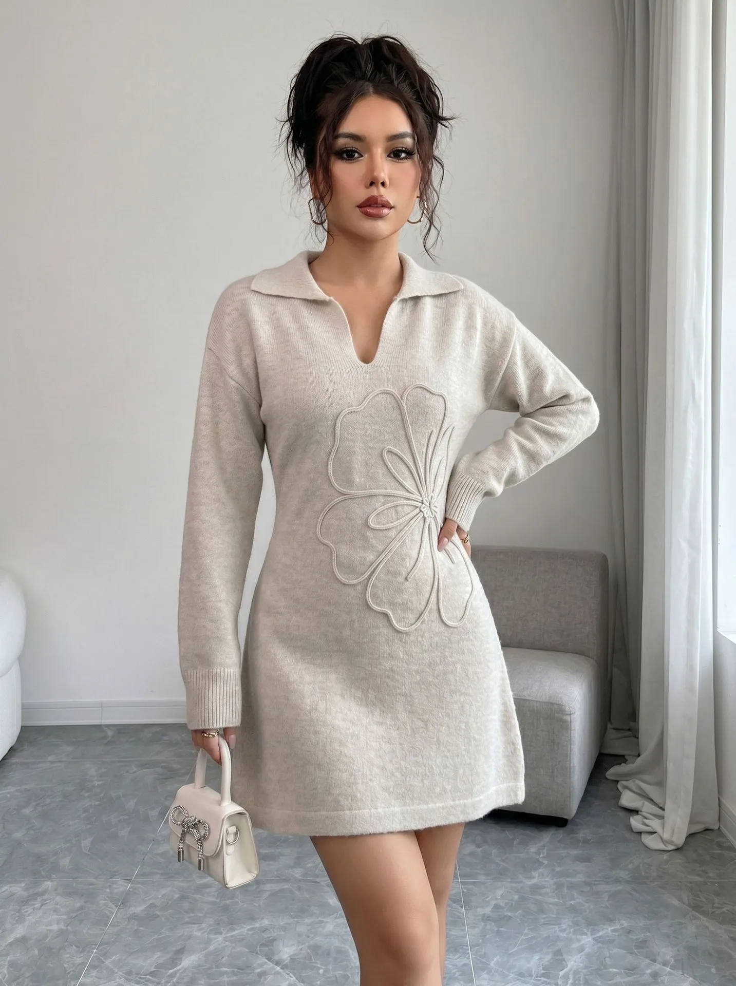 Casual Flowers Sheath Dress with Long Sleeve and Shirt Collar in Knit Fabric for Business