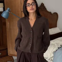 Solid Color Casual Long Sleeve Knit Sweater for Women Featuring Knitted Craft and Single Breasted Design
