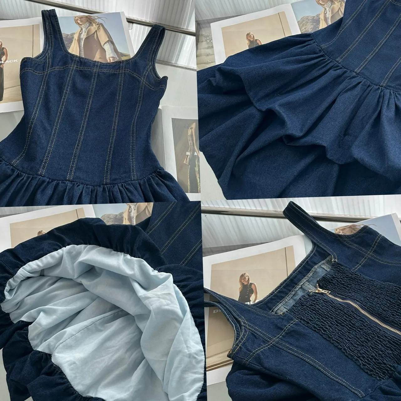 Solid Color Denim Dress Sleeveless Collarless Casual Above Knee Length