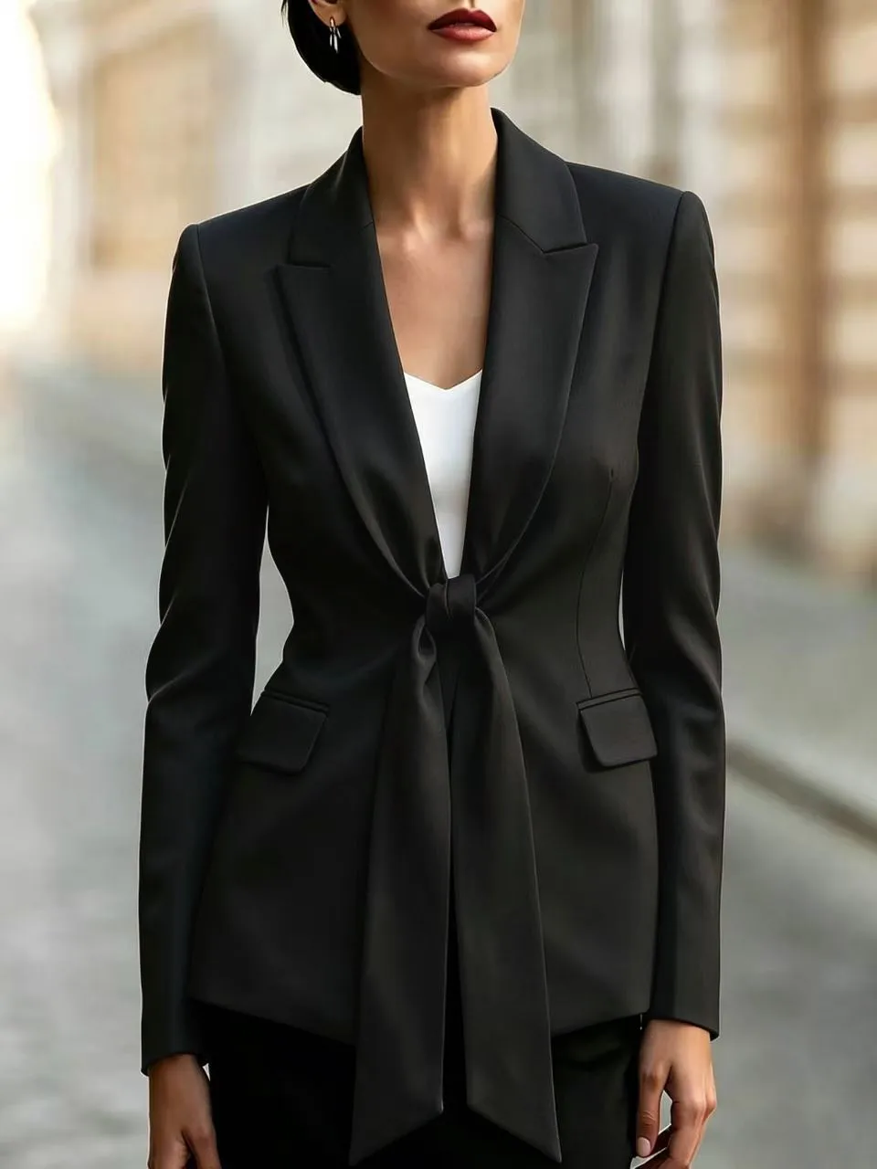 Solid Color Business Long Sleeve Polyester Blazer Featuring Tie Detail