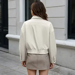 Solid Color Casual Jacket Coat with Zipper Placket, Made of Polyester Fabric Featuring Practical Pockets