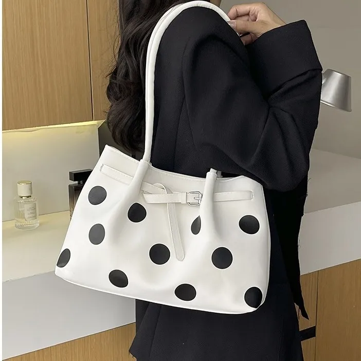 Women’s Square Tote Bag Featuring Polka Dots and Sewing Thread Detail, Made of PU Leather, Ideal for Autumn
