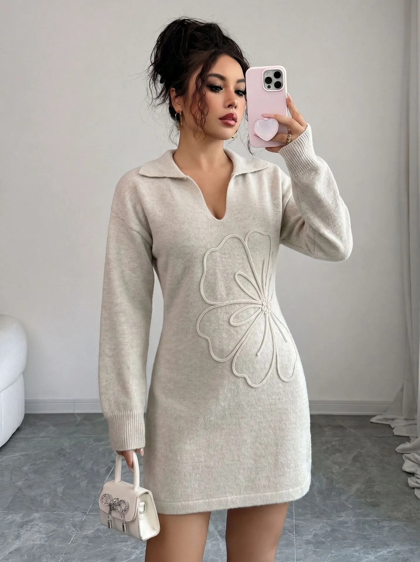 Casual Flowers Sheath Dress with Long Sleeve and Shirt Collar in Knit Fabric for Business