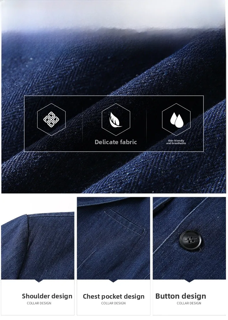 Men's Solid Color Dark Blue Chinoiserie Blazer with Single Breasted Placket, Made from Cotton Over 50%