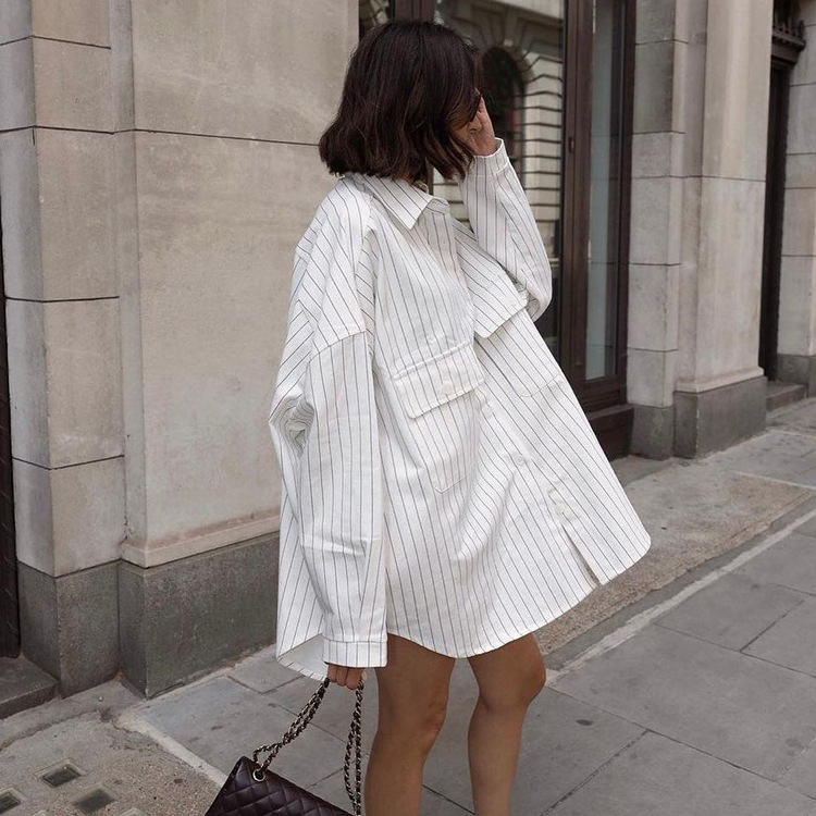 Stripe Long Sleeve Pocket Blouses
