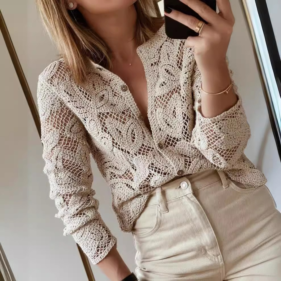 Solid Color Long Sleeve Hollow Out Blouses