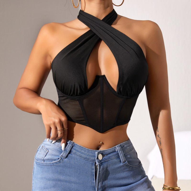Wrapped Chest Cross Halter Fishbone Corset Style Vest