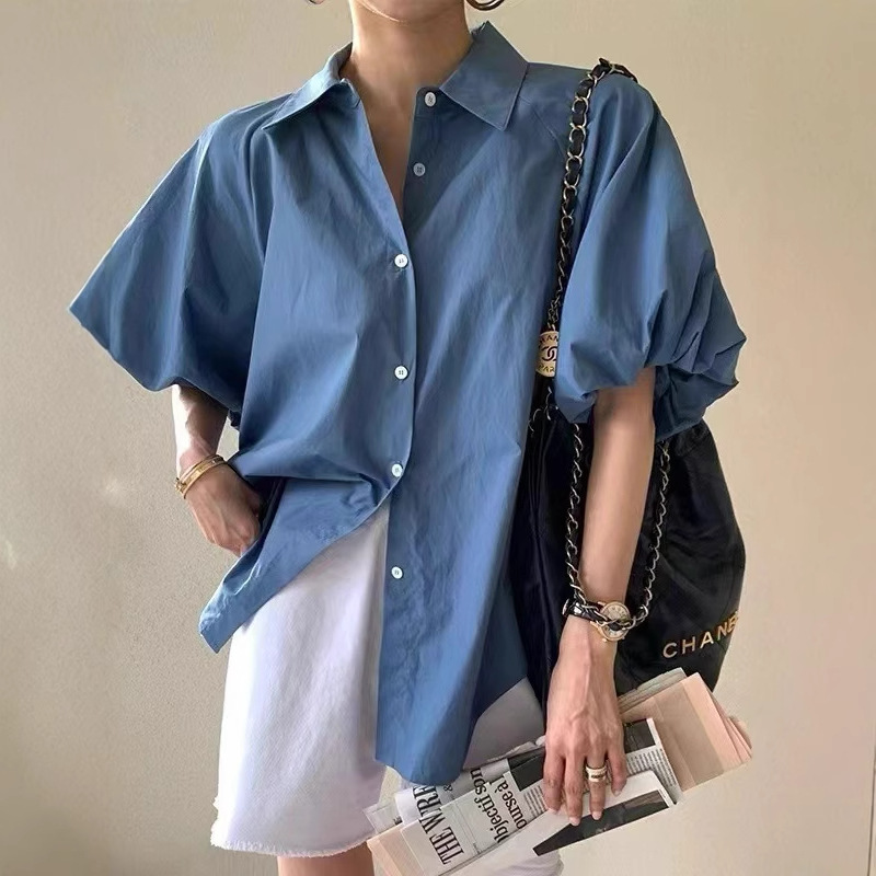Ins Solid Color Short Sleeve Shirt Women's Summer New French Style Elegant Simple Basic Lantern Sleeve Loose Shirt Ins Solid Color Short Sleeve Shirt Women's Summer New French Style Elegant Simple Ba