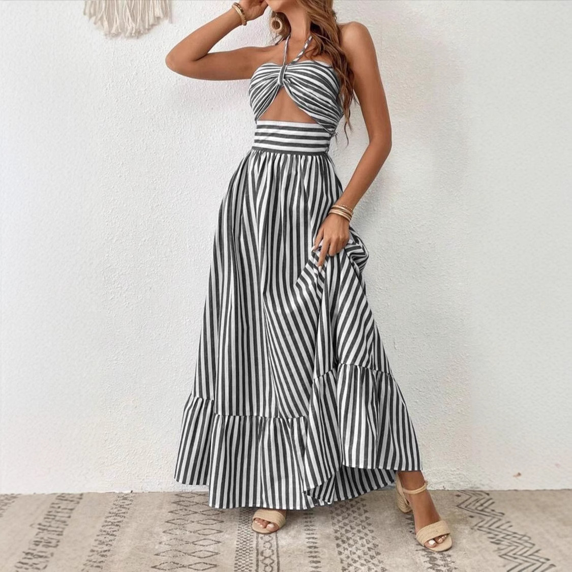 Casava Striped Belted Sleeveless Long Dress