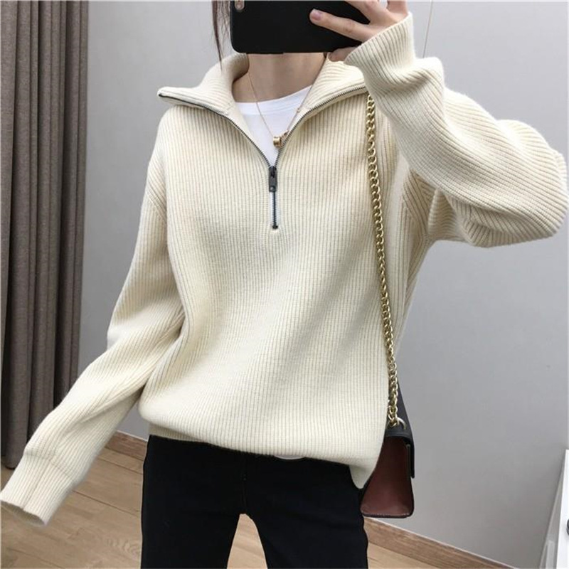 Loose Women's Zipper Collar Solid Color Knitted