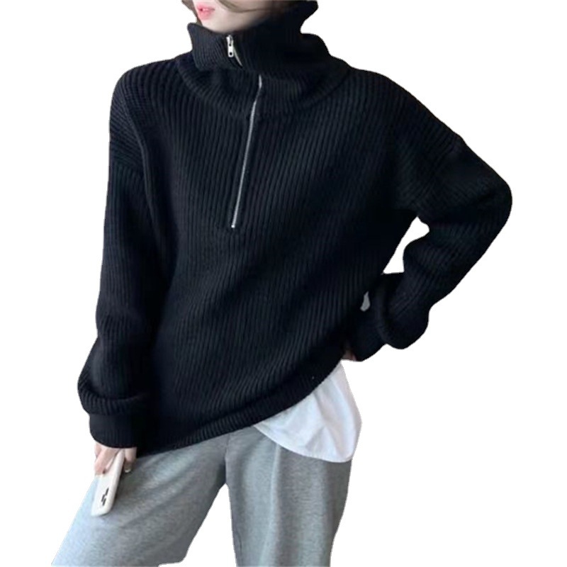 Loose Women's Zipper Collar Solid Color Knitted