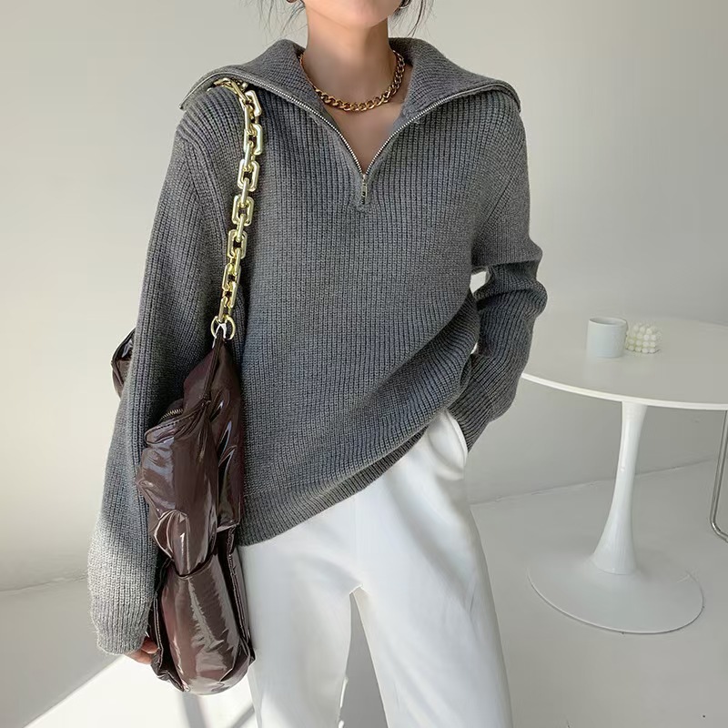 Loose Women's Zipper Collar Solid Color Knitted