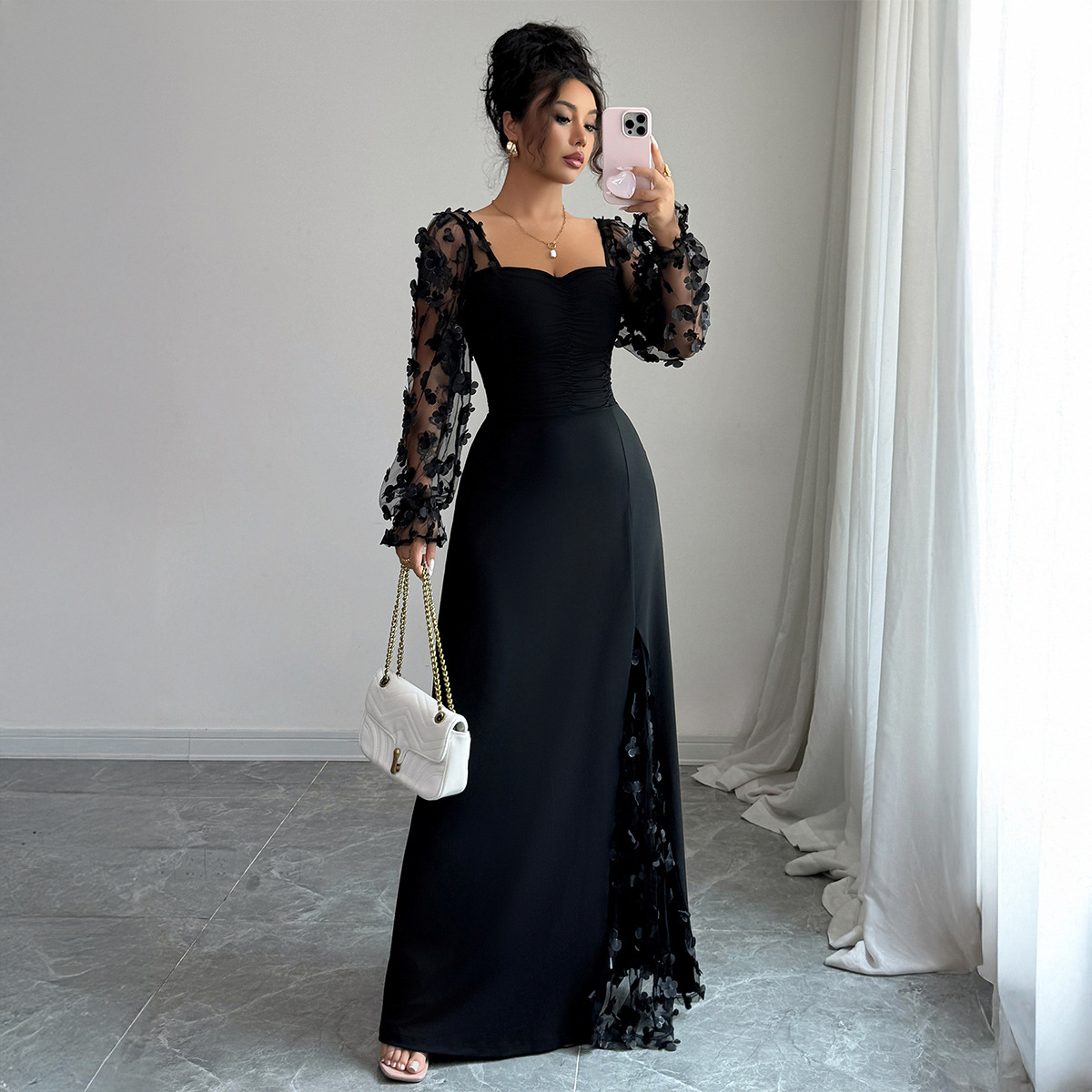 European And American Style A-Line Dress With Long Sleeves