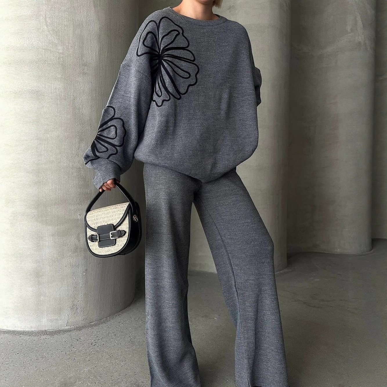 Soft Touch Round Neck Sweater Casual Loose Pants Two Piece Set