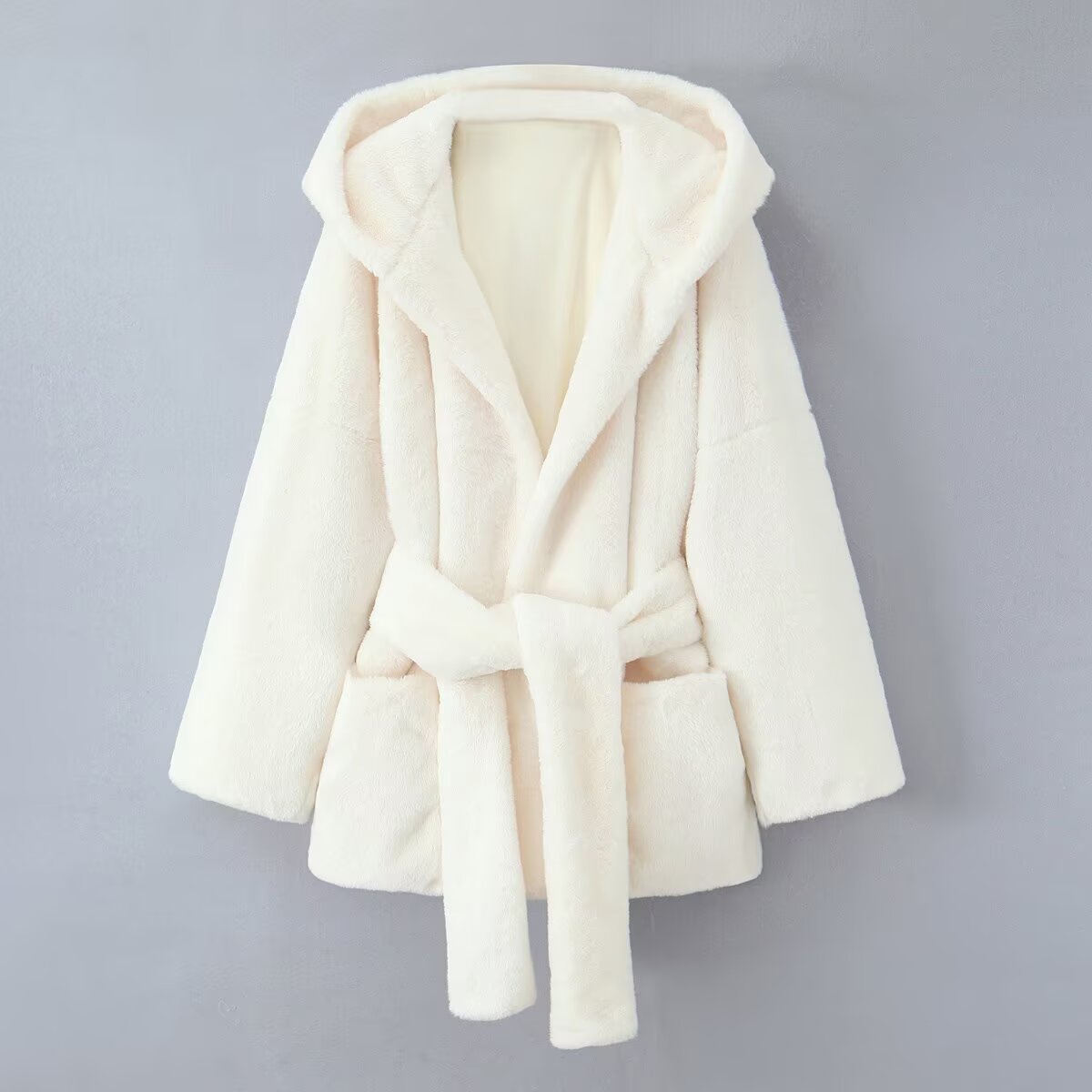 White Furry Large Collar Hooded Elegant Loose Long-Sleeve Coat
