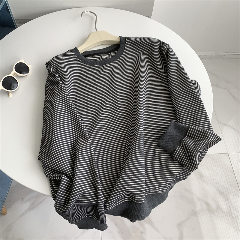 Women's Textured Stripe Shirt Round Neck New Style Student Jacket Sweatshirt