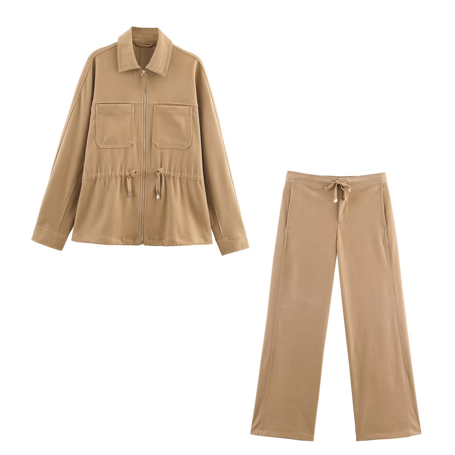 Adjustable Waist Pocket Detail Jacket And Wide Leg Pants