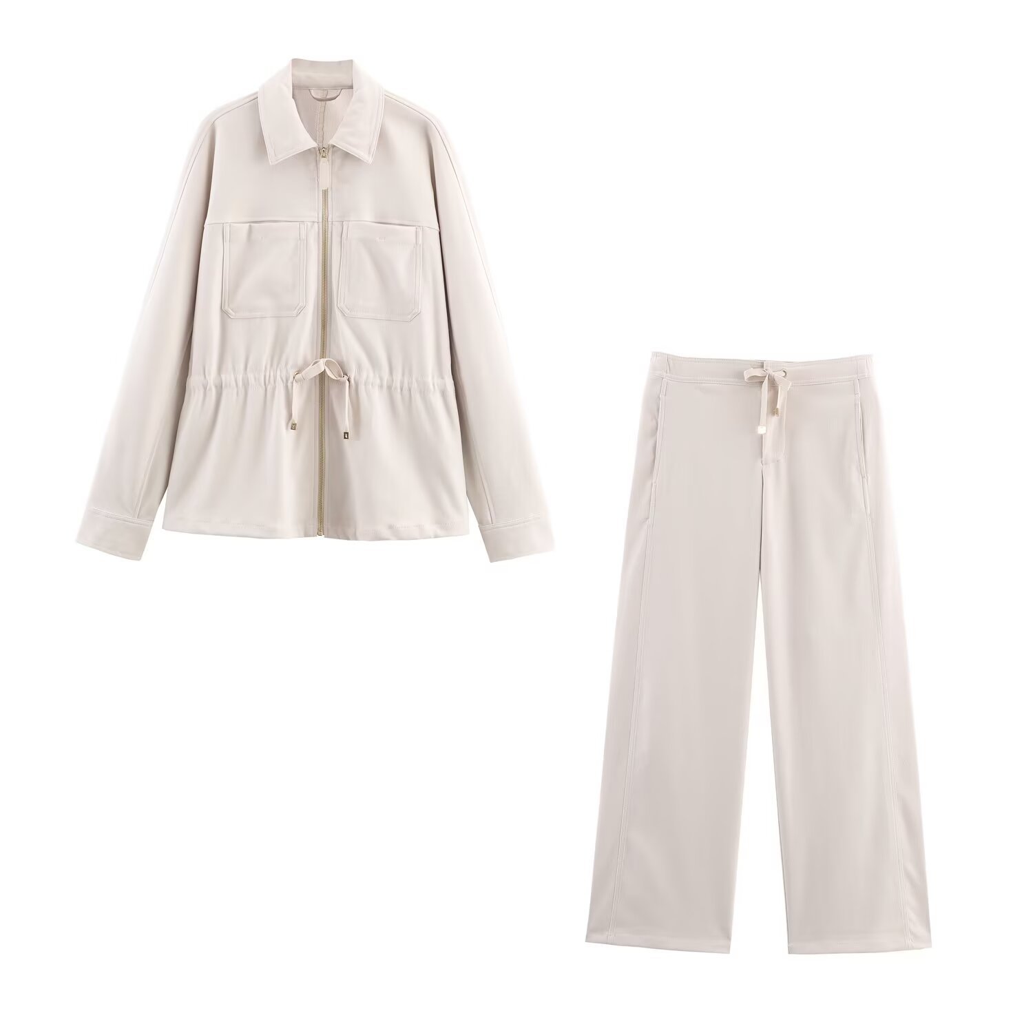 Adjustable Waist Pocket Detail Jacket And Wide Leg Pants