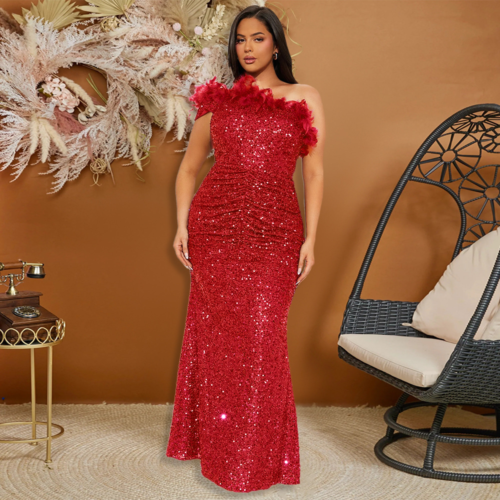 Casava Feather Sequin Evening Gown