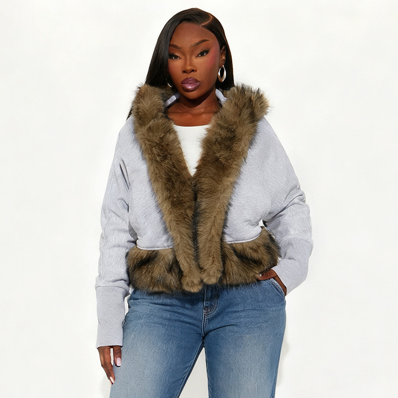 Gray Fur Collar Patchwork Sweatshirt Cardigan
