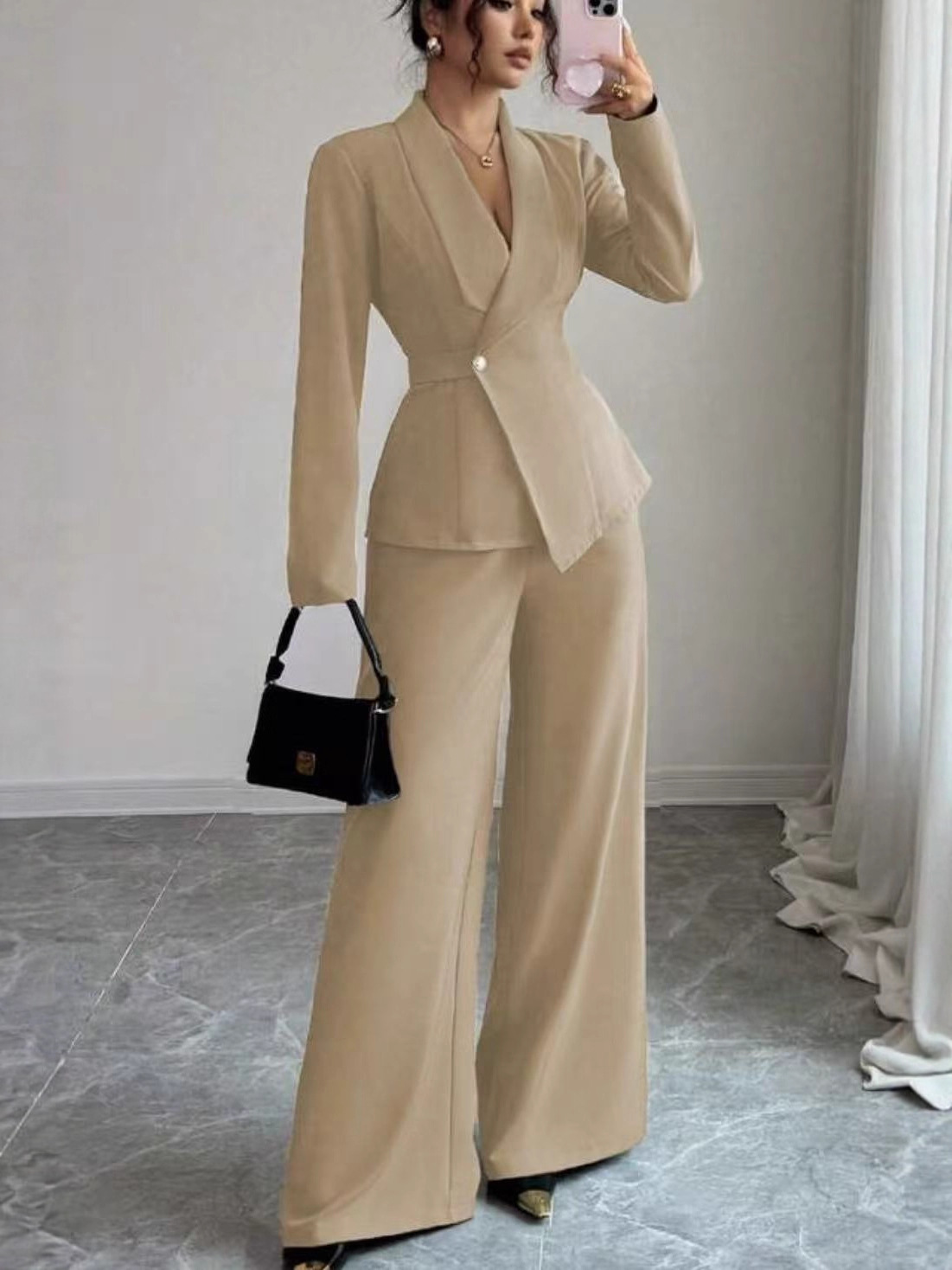 Elegant Pure Color Long Sleeve Straight Leg Pants