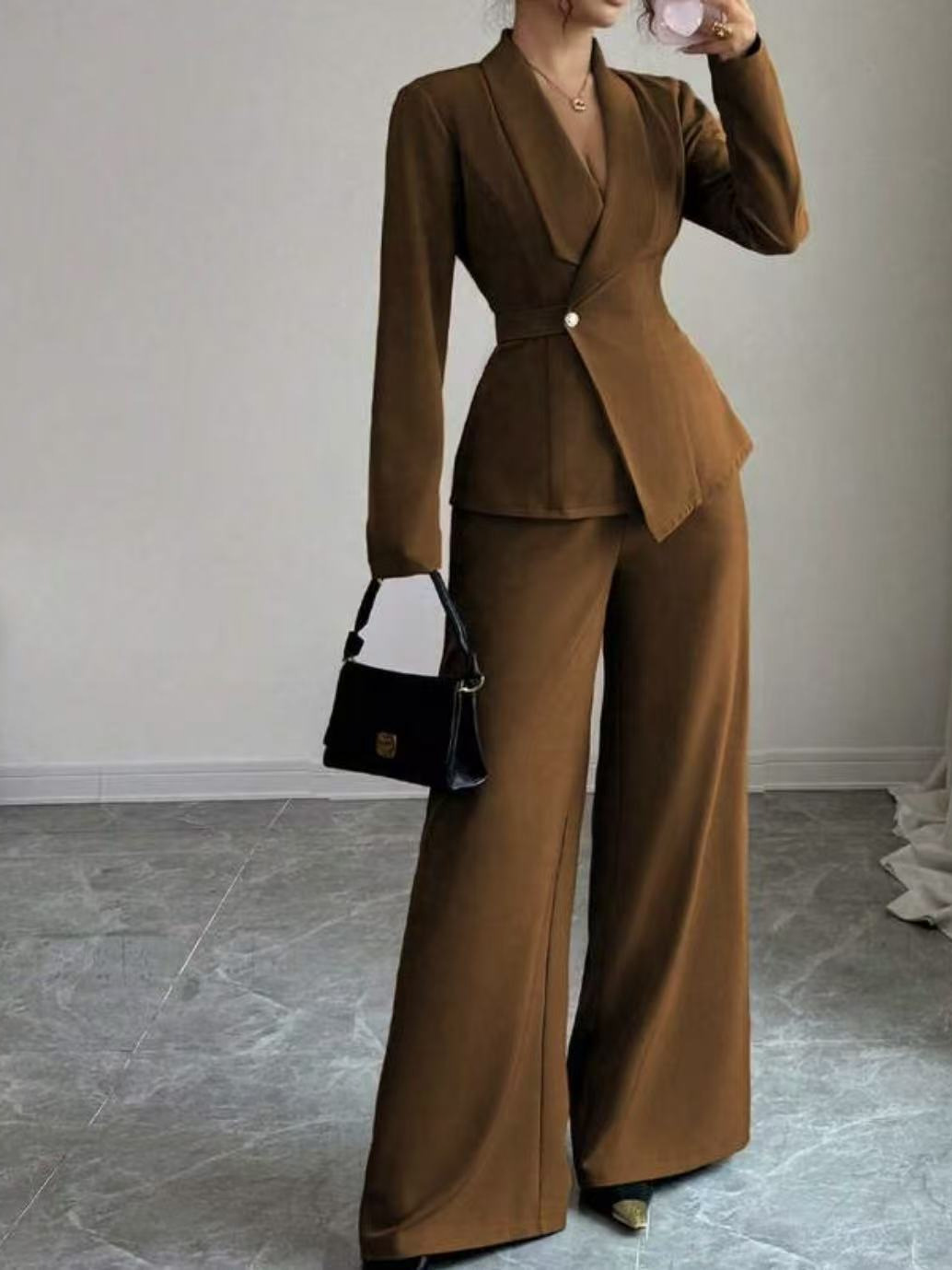 Elegant Pure Color Long Sleeve Straight Leg Pants