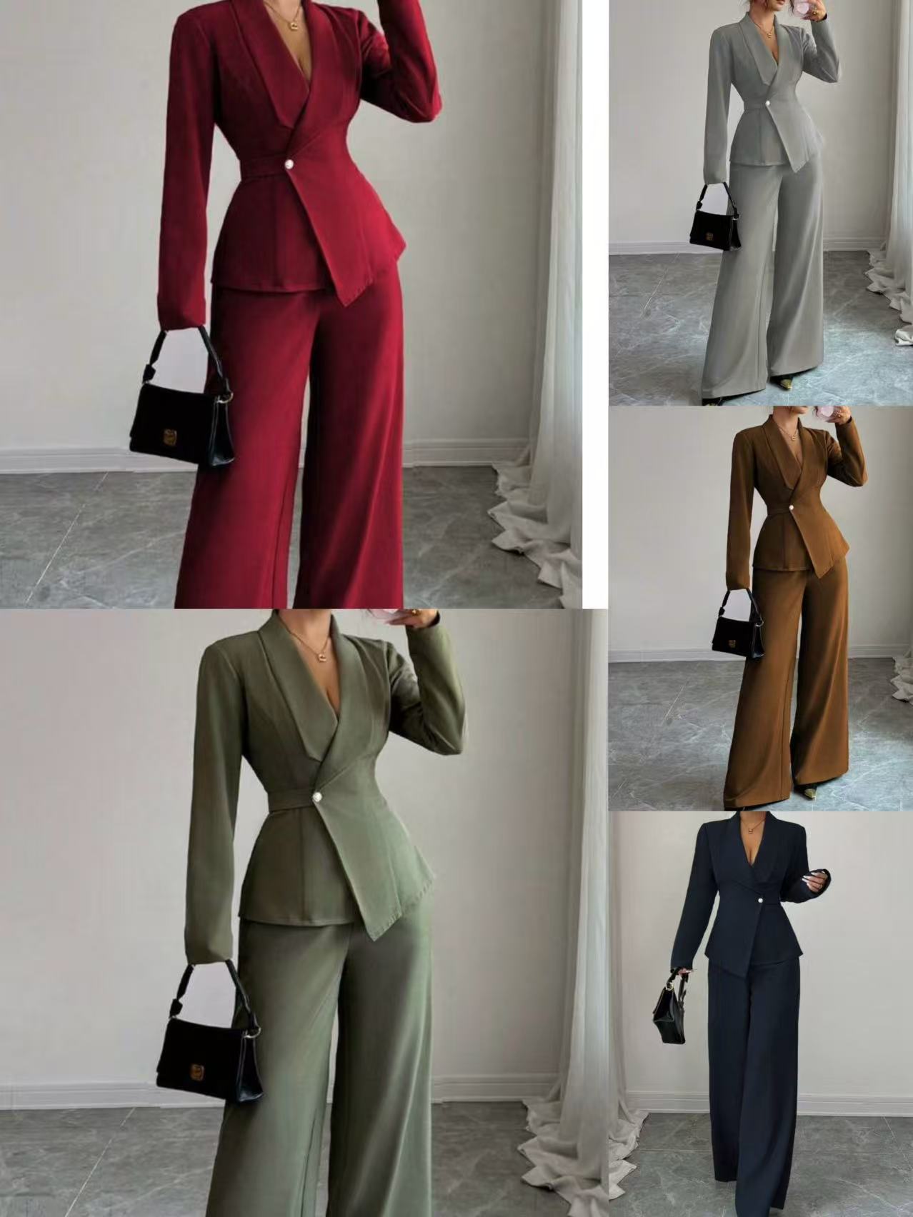Elegant Pure Color Long Sleeve Straight Leg Pants