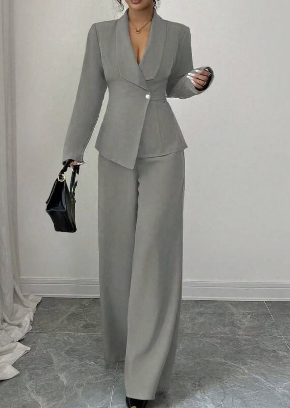 Elegant Pure Color Long Sleeve Straight Leg Pants