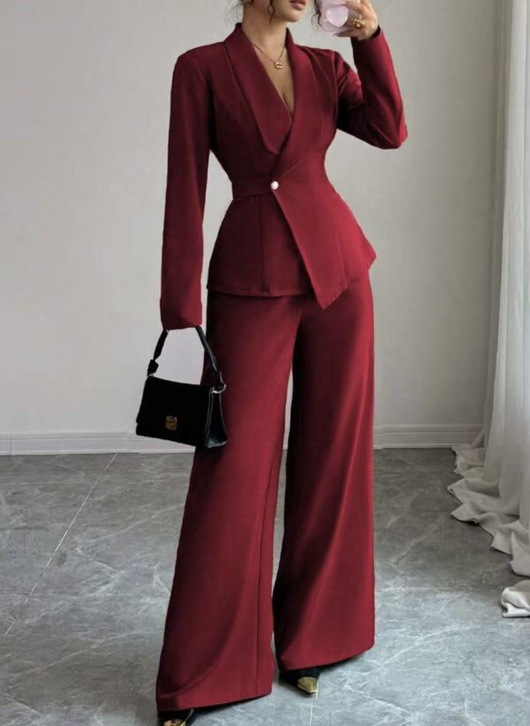 Elegant Pure Color Long Sleeve Straight Leg Pants