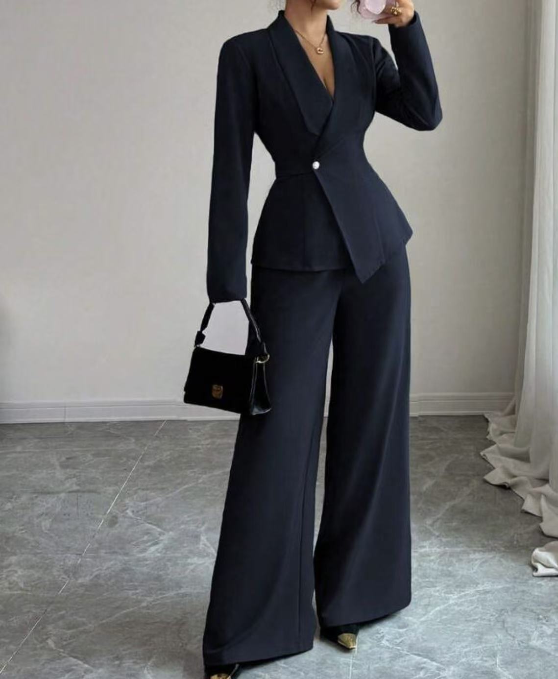 Elegant Pure Color Long Sleeve Straight Leg Pants