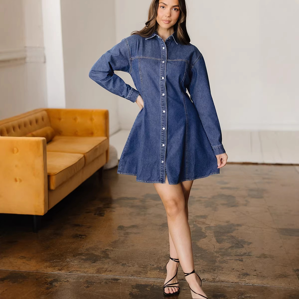 Casual Denim Dress With Long Sleeve And Lapel Neckline