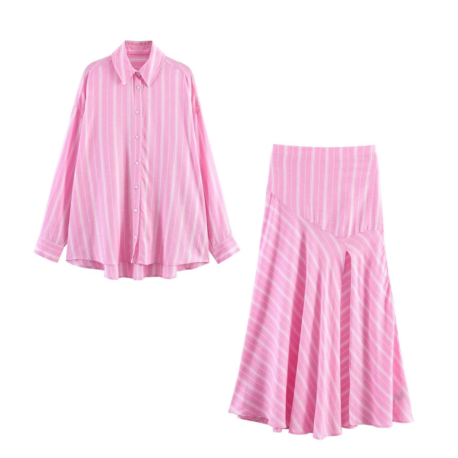 Stripe Casual Skirt Co-ord Set In Linen With Folds