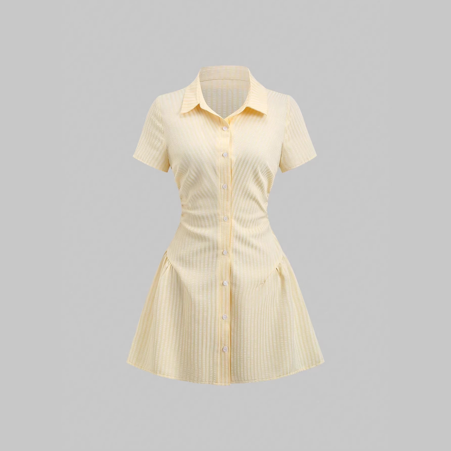 Short Sleeve Sleeve Length Shirt Dress Dresses Type Stripe V Neck Short Sleeve Shirt Dress In Polyester Fabric, Above Knee Length For Casual Wear Puff Sleeve Sleeve Type Polyester Fabric Type Casual,